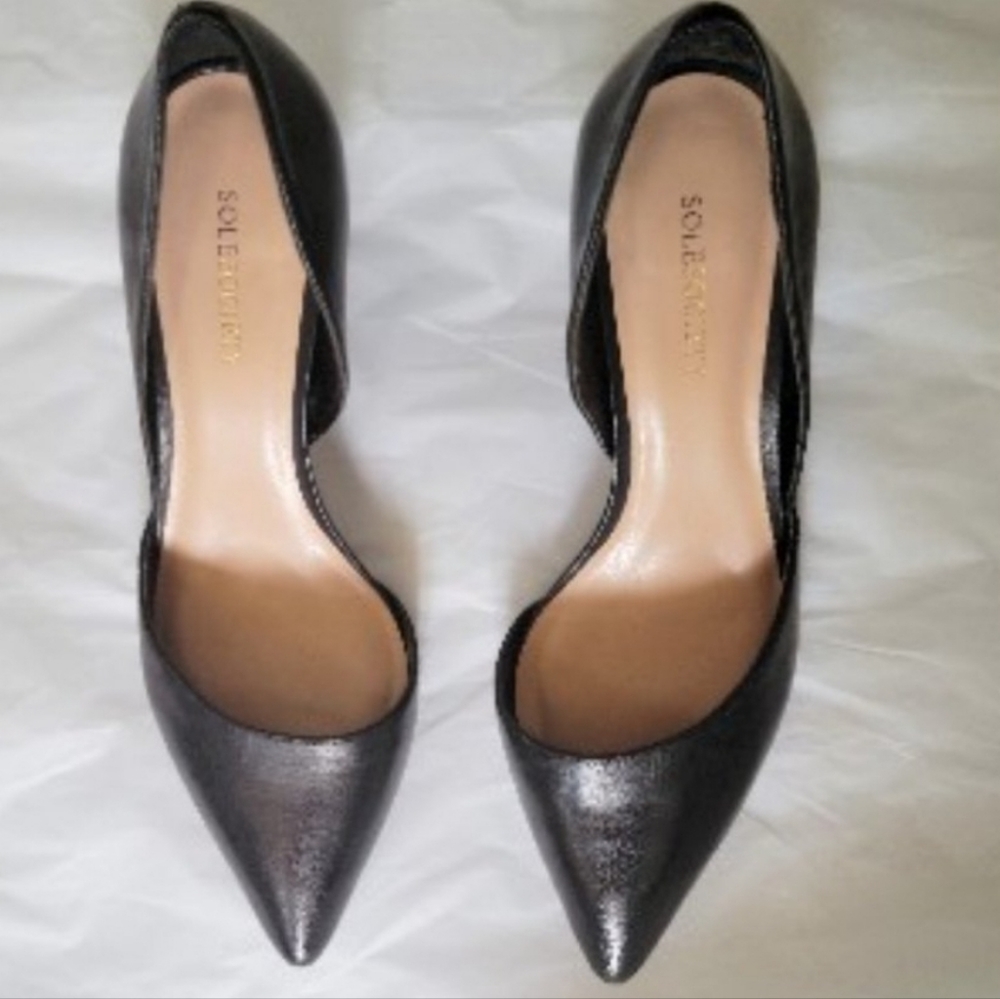 SOLE SOCIETY Jenn Black Leather D'orsay Heels Shoes 8 - Picture 3 of 4
